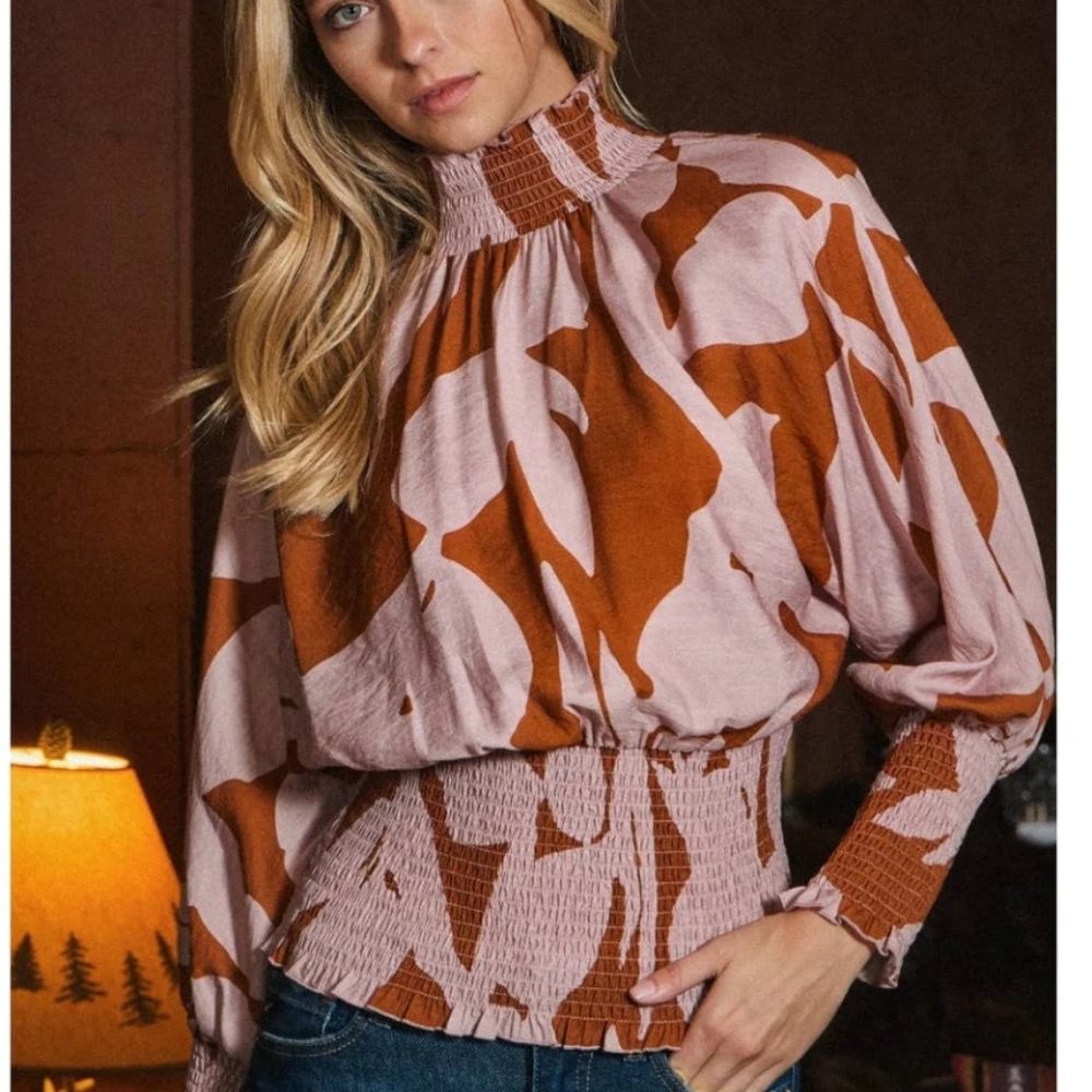 NEW Oddi Abstract Printed Smocked Dolman Balloon Sleeve Top Plus Size 3X